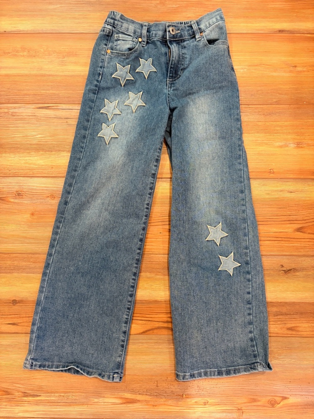 EUC Size Girls Size 10 Denim Wide-Leg Jeans with Star Patches - Blue